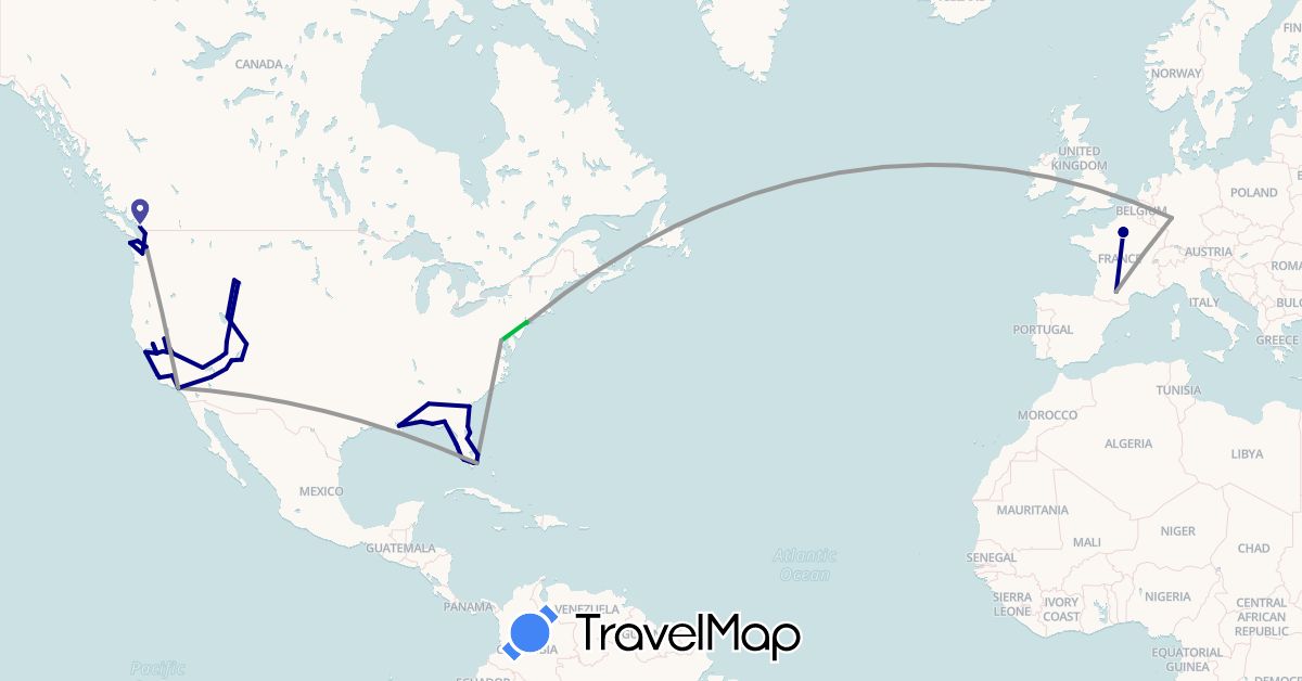 TravelMap itinerary: driving, bus, plane in Canada, Germany, France, United States (Europe, North America)